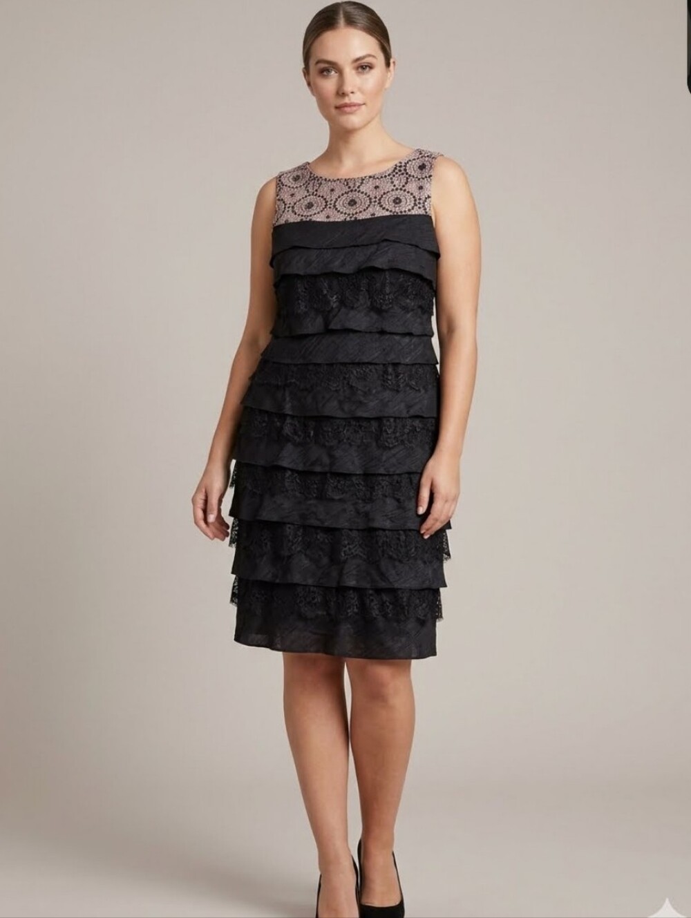 London Times Black And Nude Sleevesless Ruffle Formal dress size 16